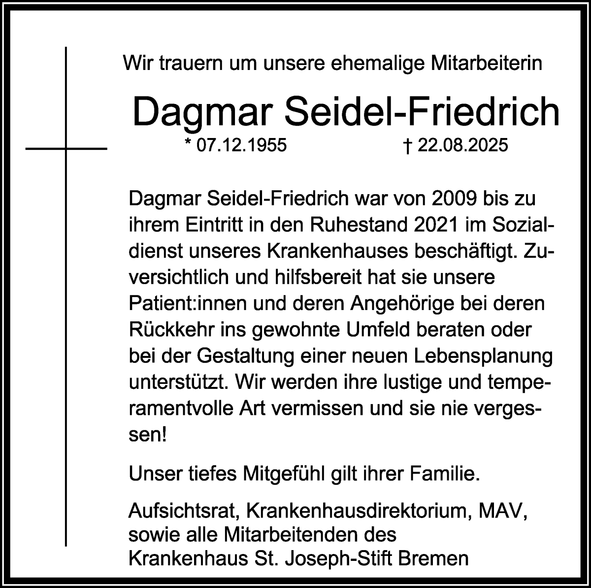 Traueranzeige von Dagmar Seidel-Friedrich von WESER-KURIER
