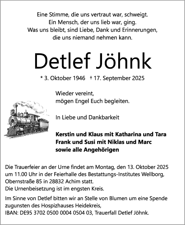 Traueranzeige von Detlef Jöhnk von WESER-KURIER