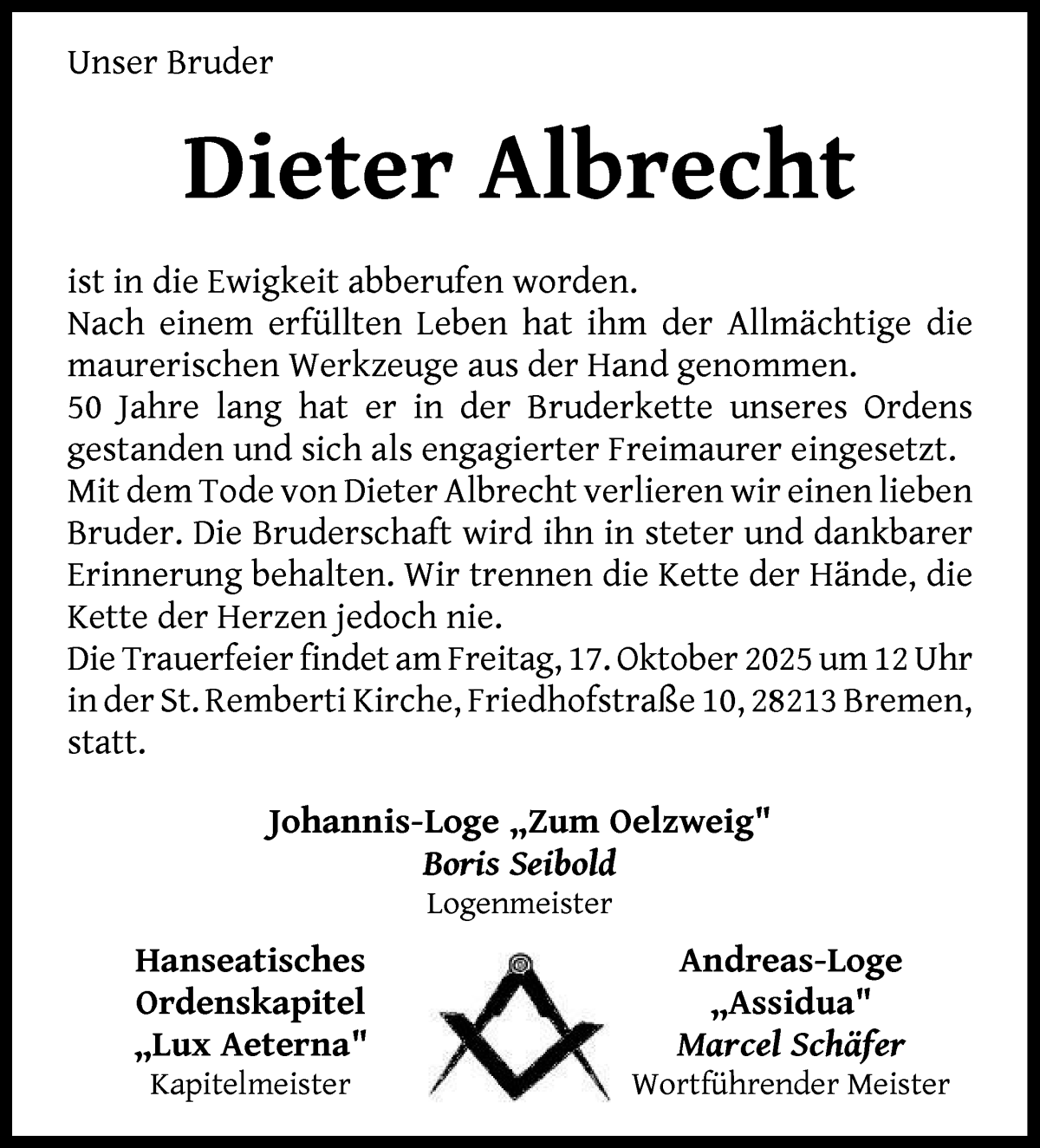Traueranzeige von Dieter Albrecht von WESER-KURIER