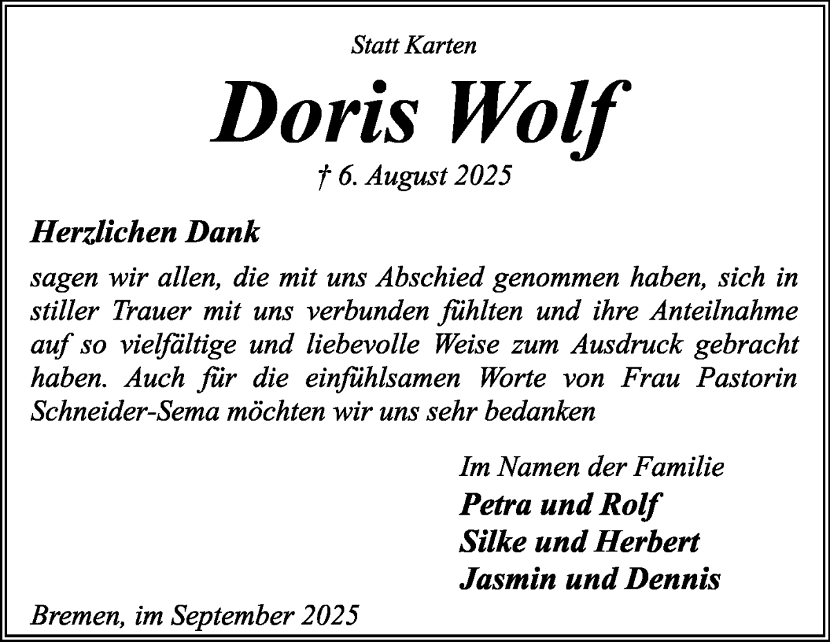 Traueranzeige von Doris Wolf von WESER-KURIER