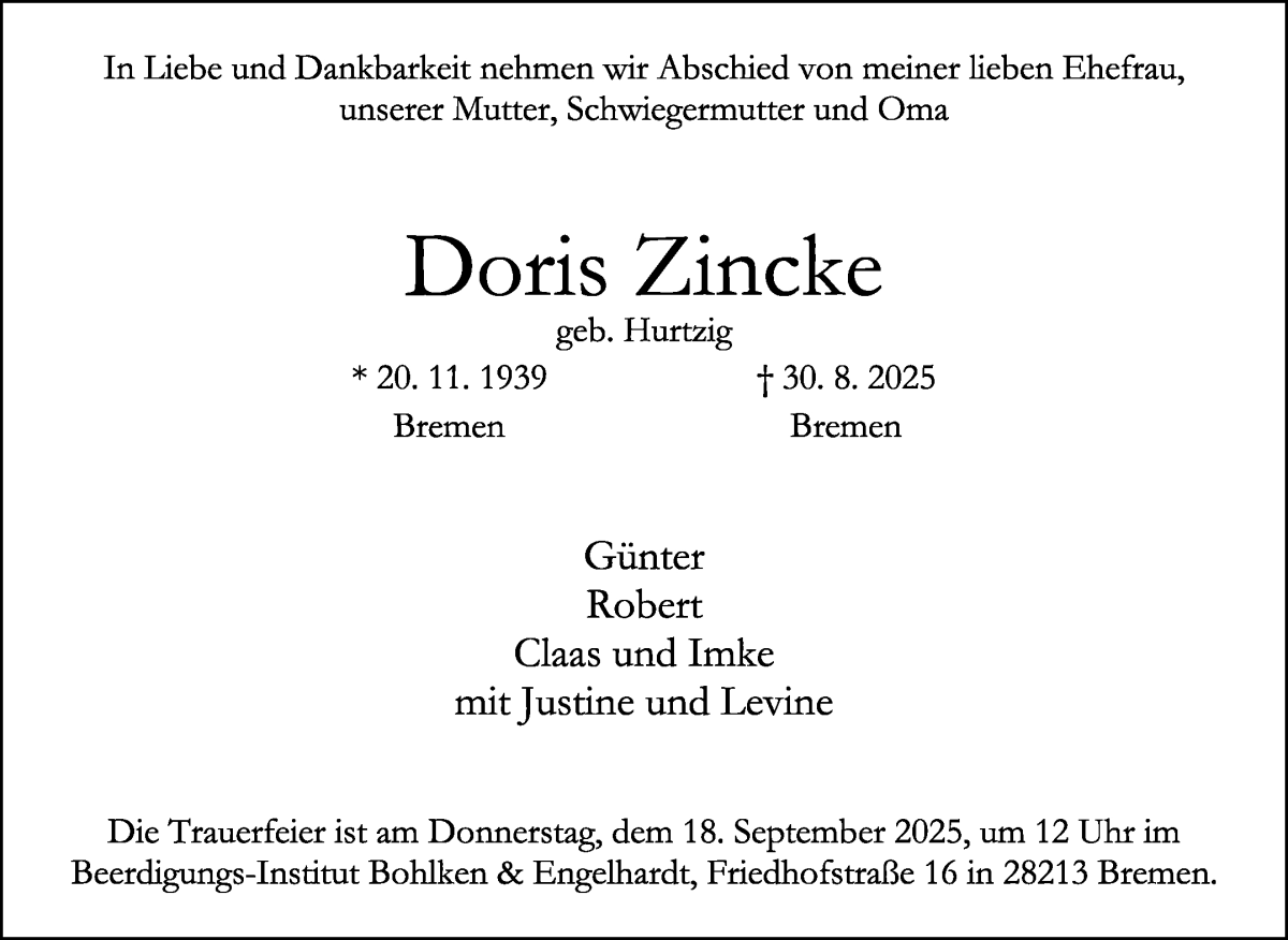 Traueranzeige von Doris Zincke von WESER-KURIER