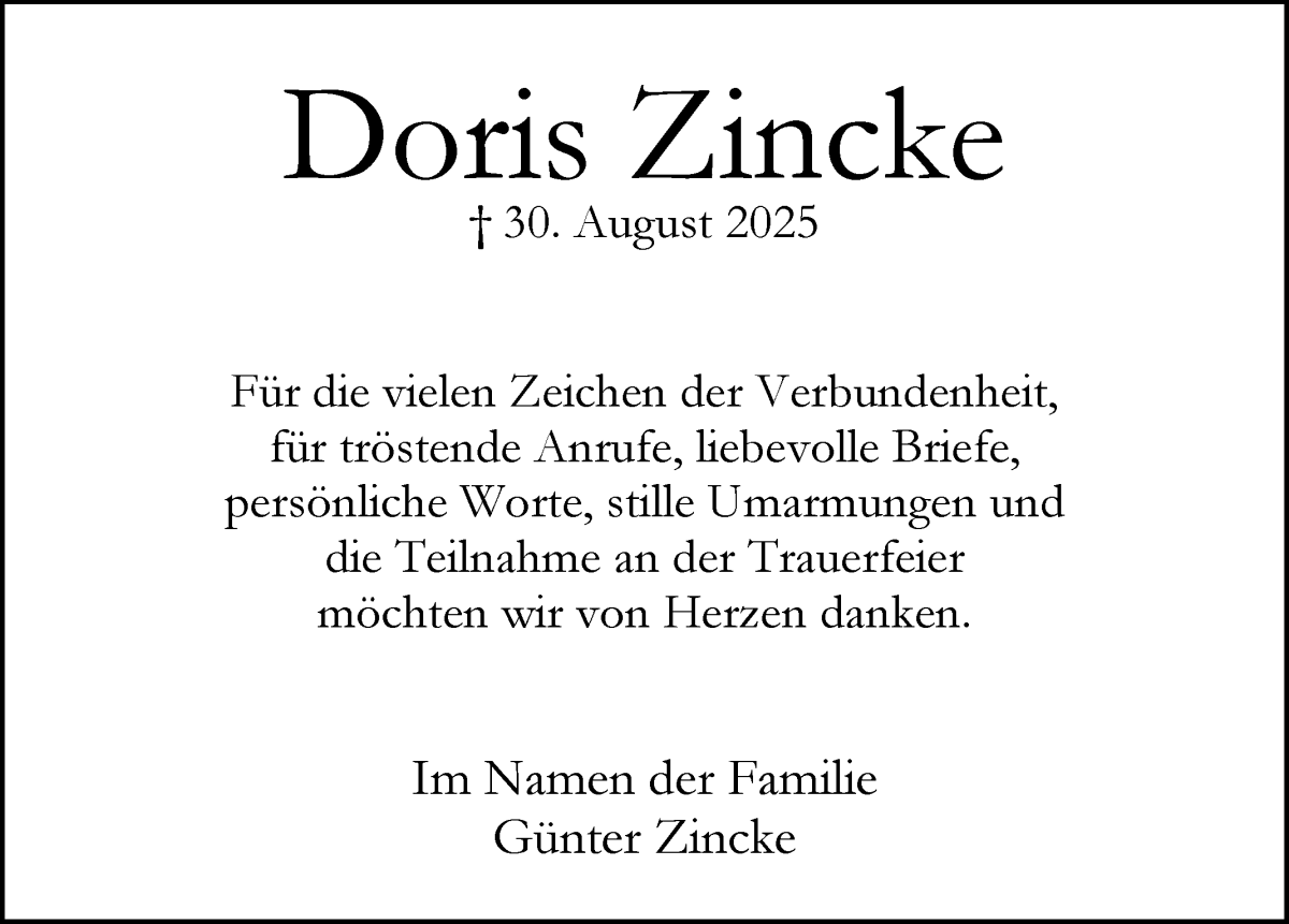 Traueranzeige von Doris Zincke von WESER-KURIER