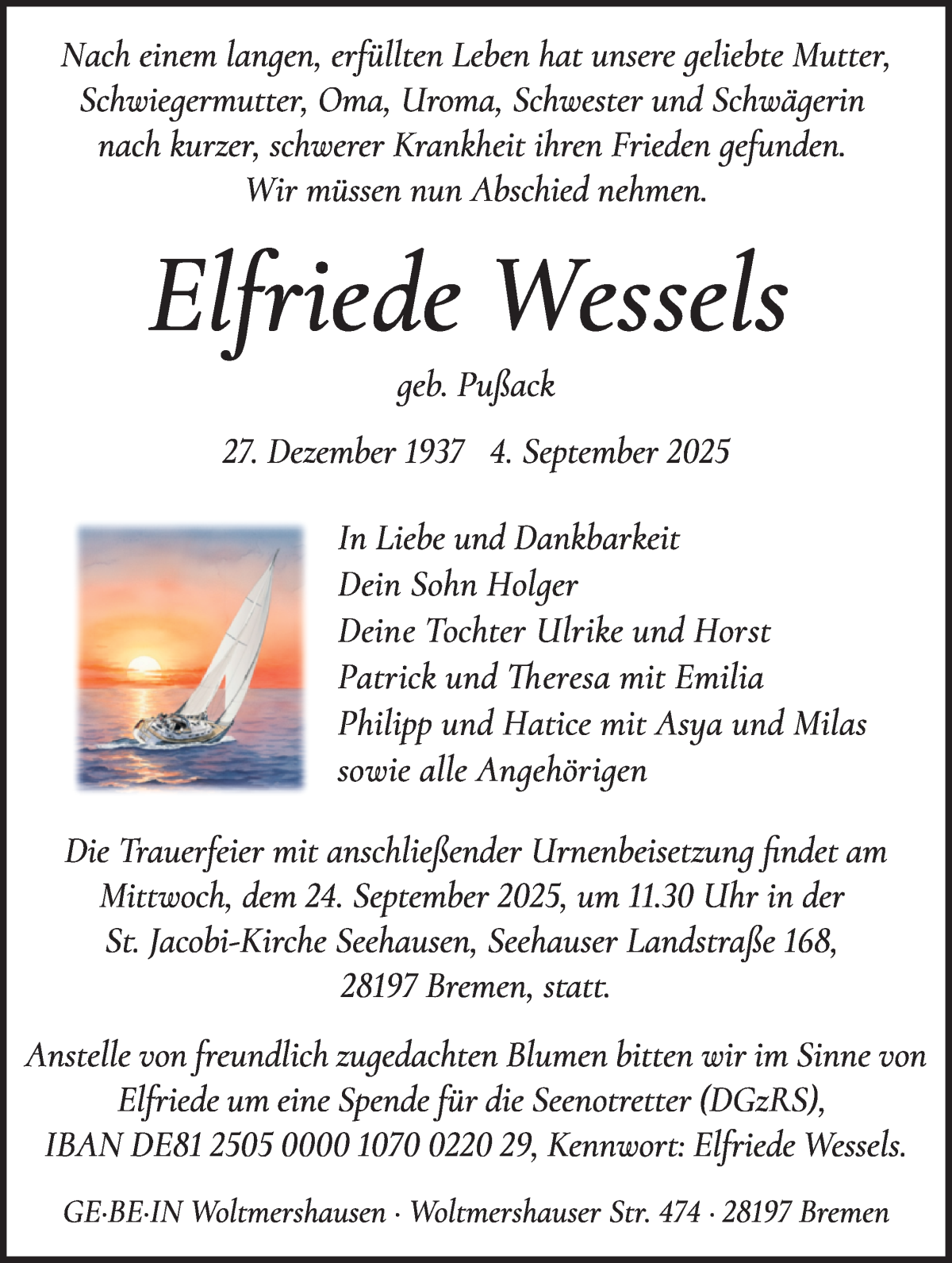 Traueranzeige von Elfriede Wessels von WESER-KURIER