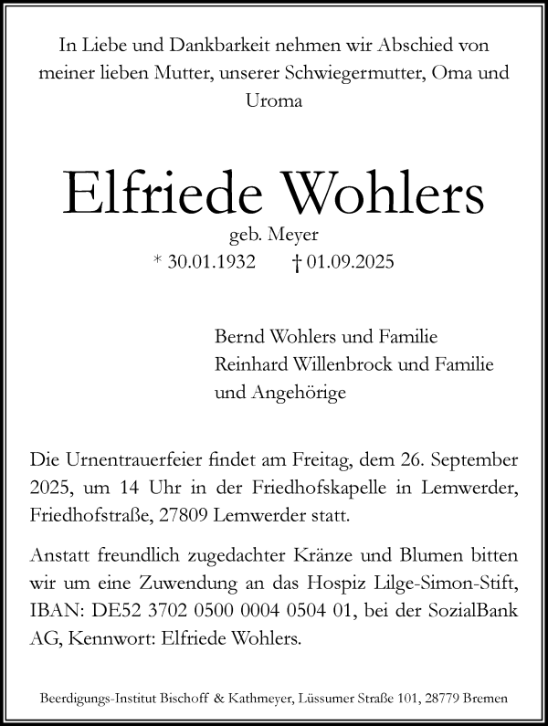 Traueranzeige von Elfriede Wohlers von Die Norddeutsche