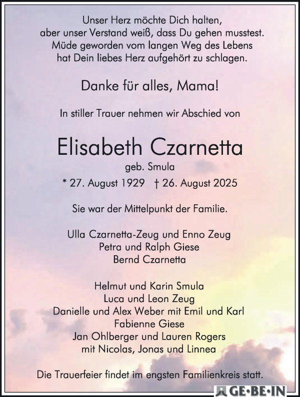 Traueranzeige von Elisabeth Czarnetta von WESER-KURIER