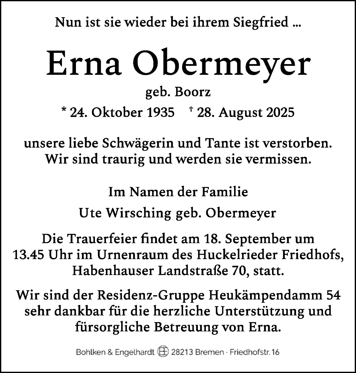 Traueranzeige von Erna Obermeyer von WESER-KURIER