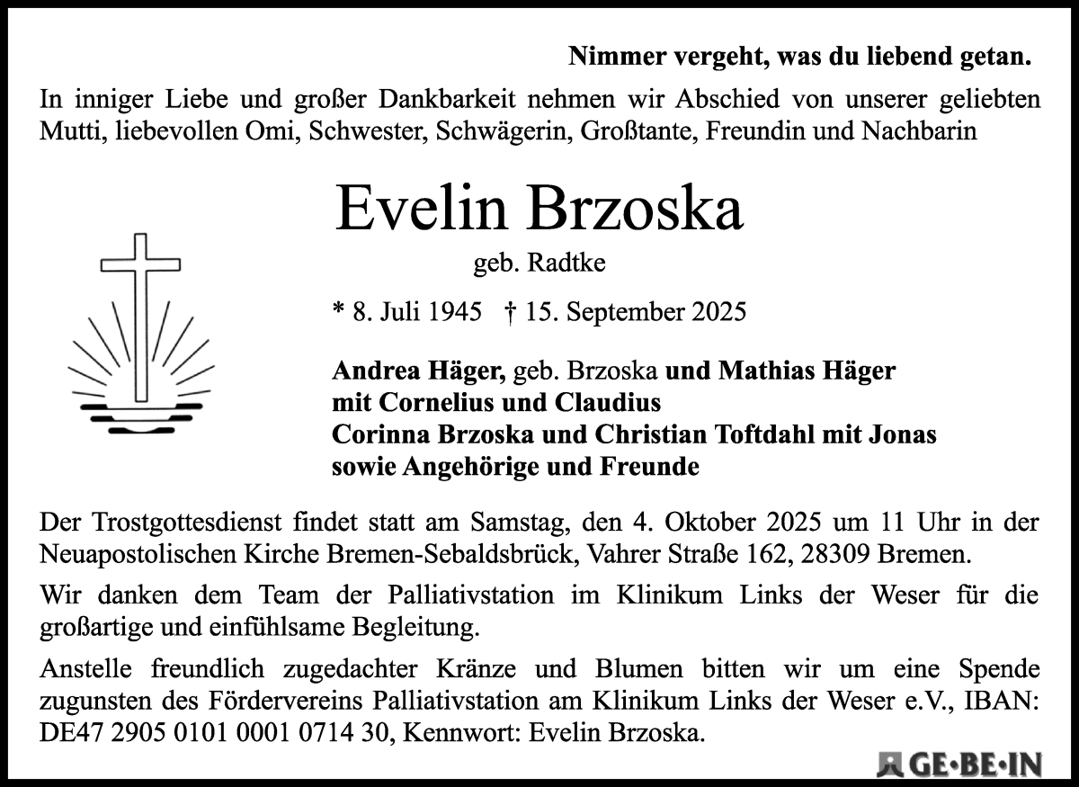 Traueranzeige von Evelin Brzoska von WESER-KURIER