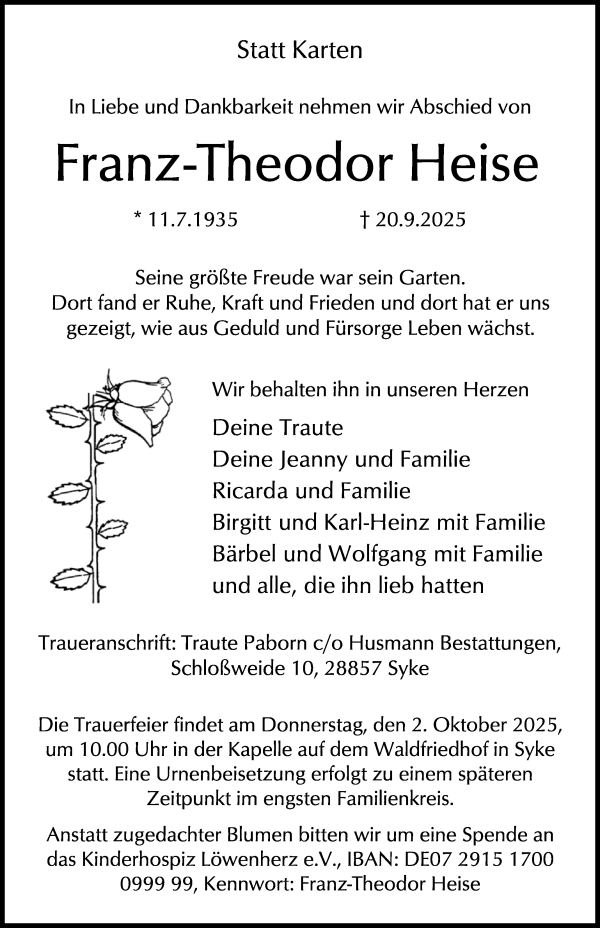 Traueranzeige von Franz-Theodor Heise von WESER-KURIER