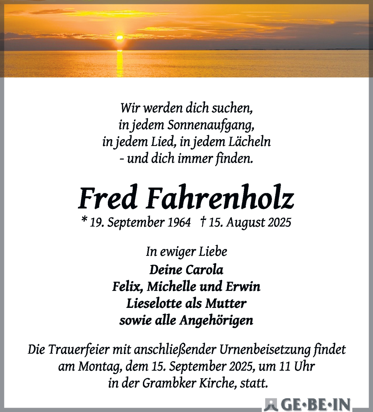 Traueranzeige von Fred Fahrenholz von WESER-KURIER