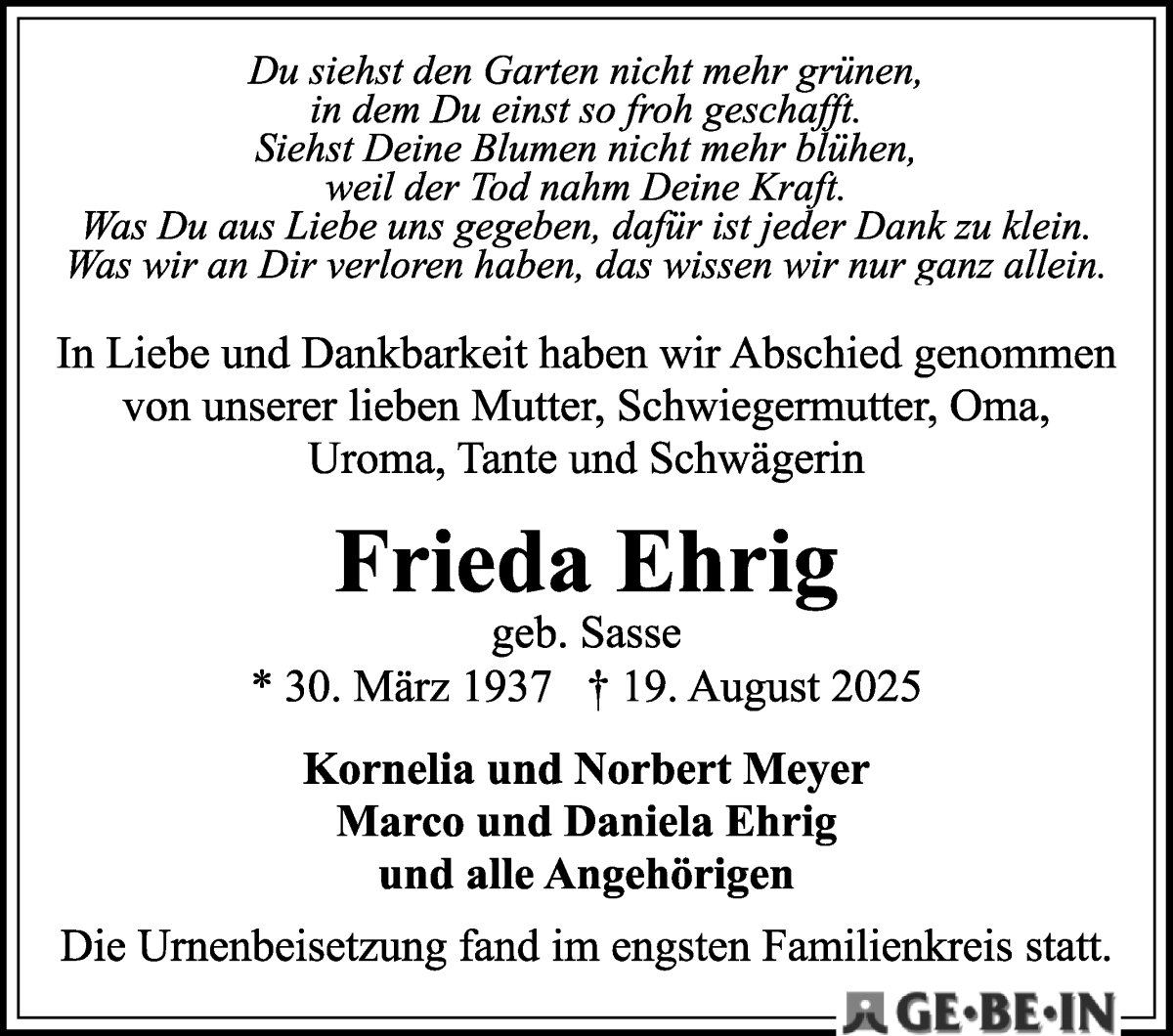 Traueranzeige von Frieda Ehrig von WESER-KURIER