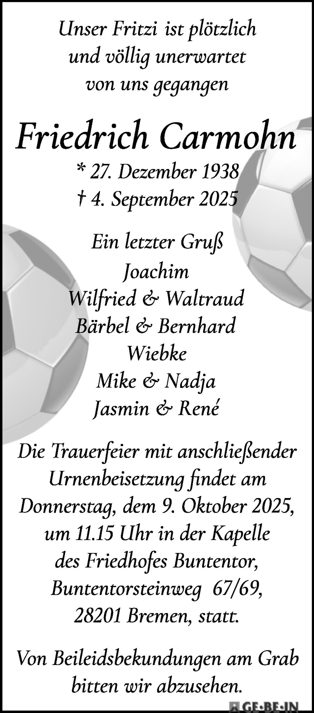 Traueranzeige von Friedrich Carmohn von WESER-KURIER