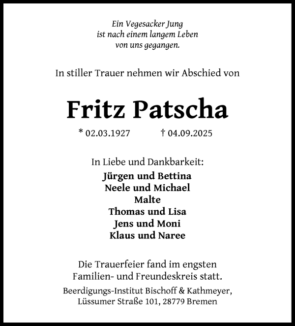 Traueranzeige von Fritz Patscha von Die Norddeutsche