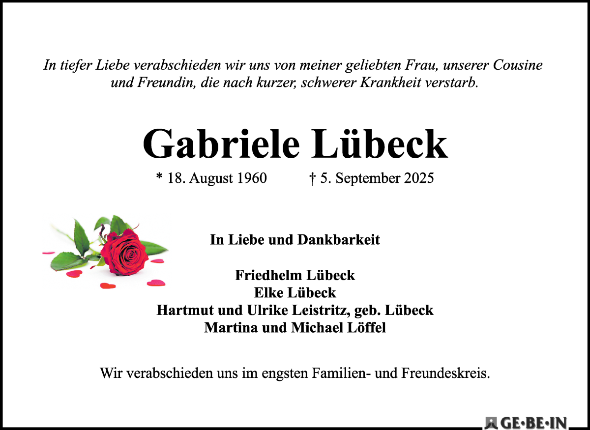 Traueranzeige von Gabriele Lübeck von WESER-KURIER