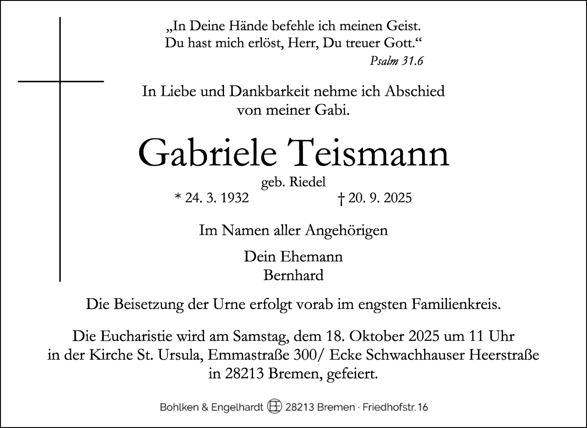 Traueranzeige von Gabriele Teismann von WESER-KURIER