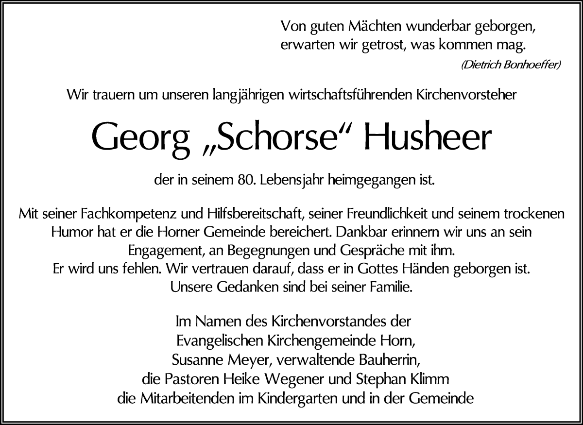 Traueranzeige von Georg Husheer von WESER-KURIER