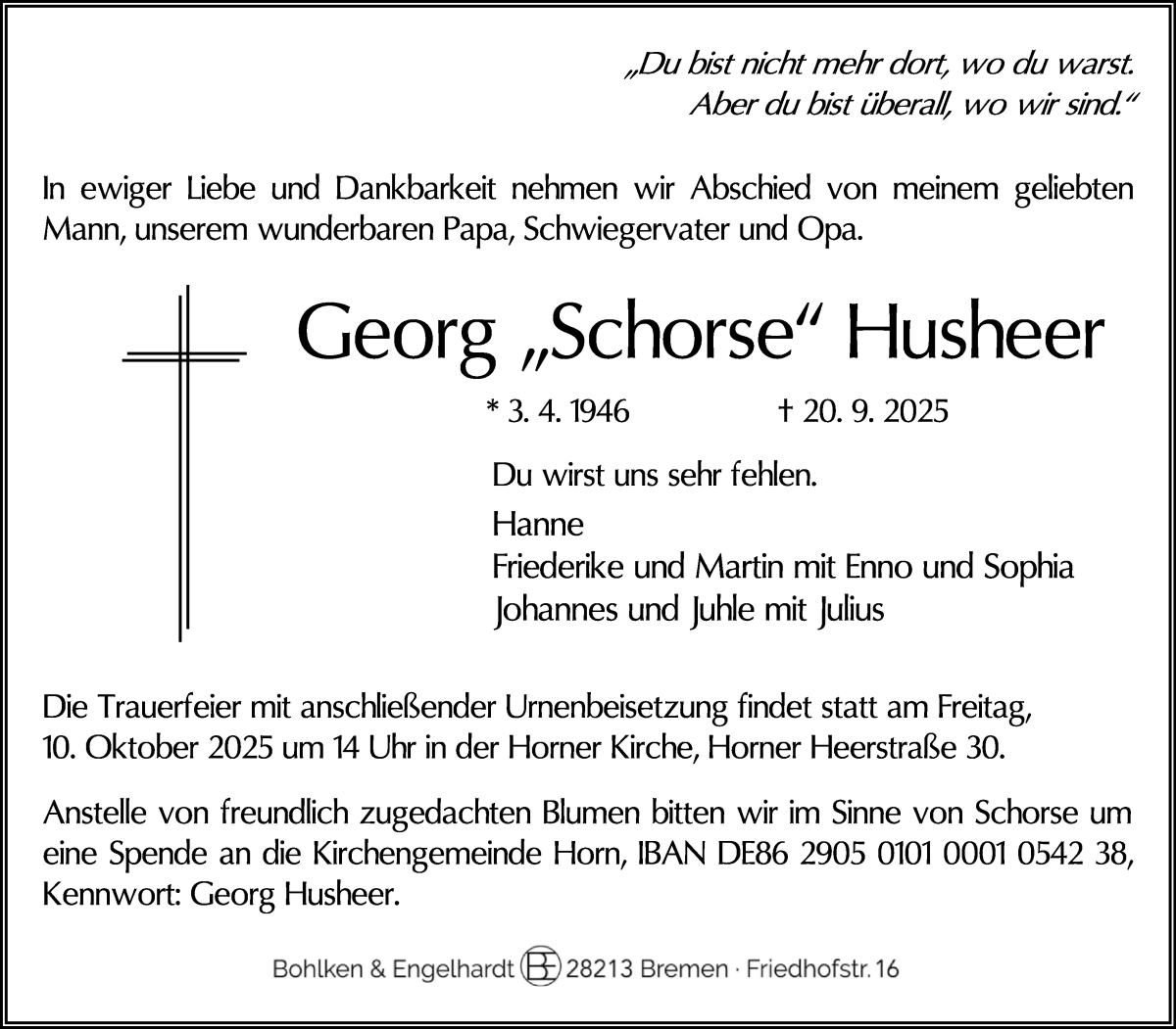 Traueranzeige von Georg „Schorse“ Husheer von WESER-KURIER