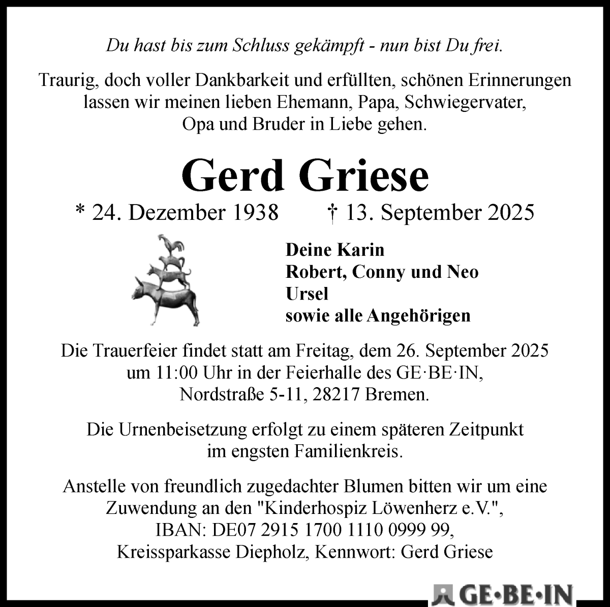 Traueranzeige von Gerd Griese von WESER-KURIER