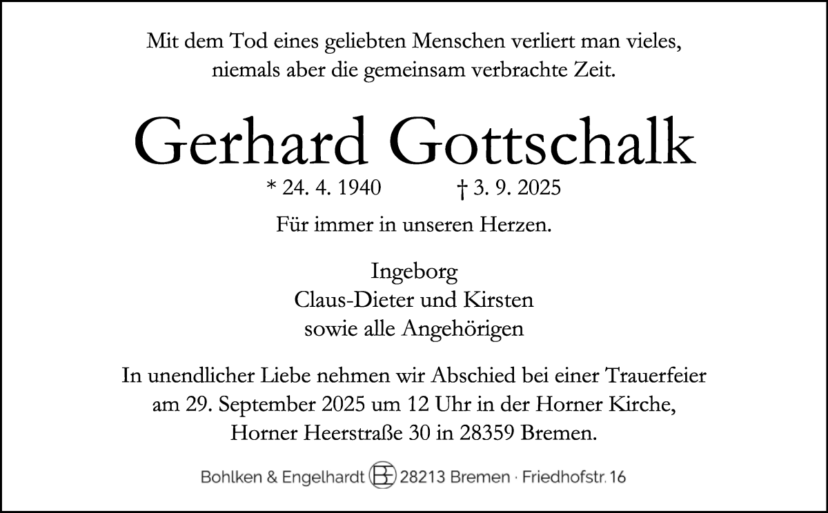 Traueranzeige von Gerhard Gottschalk von WESER-KURIER