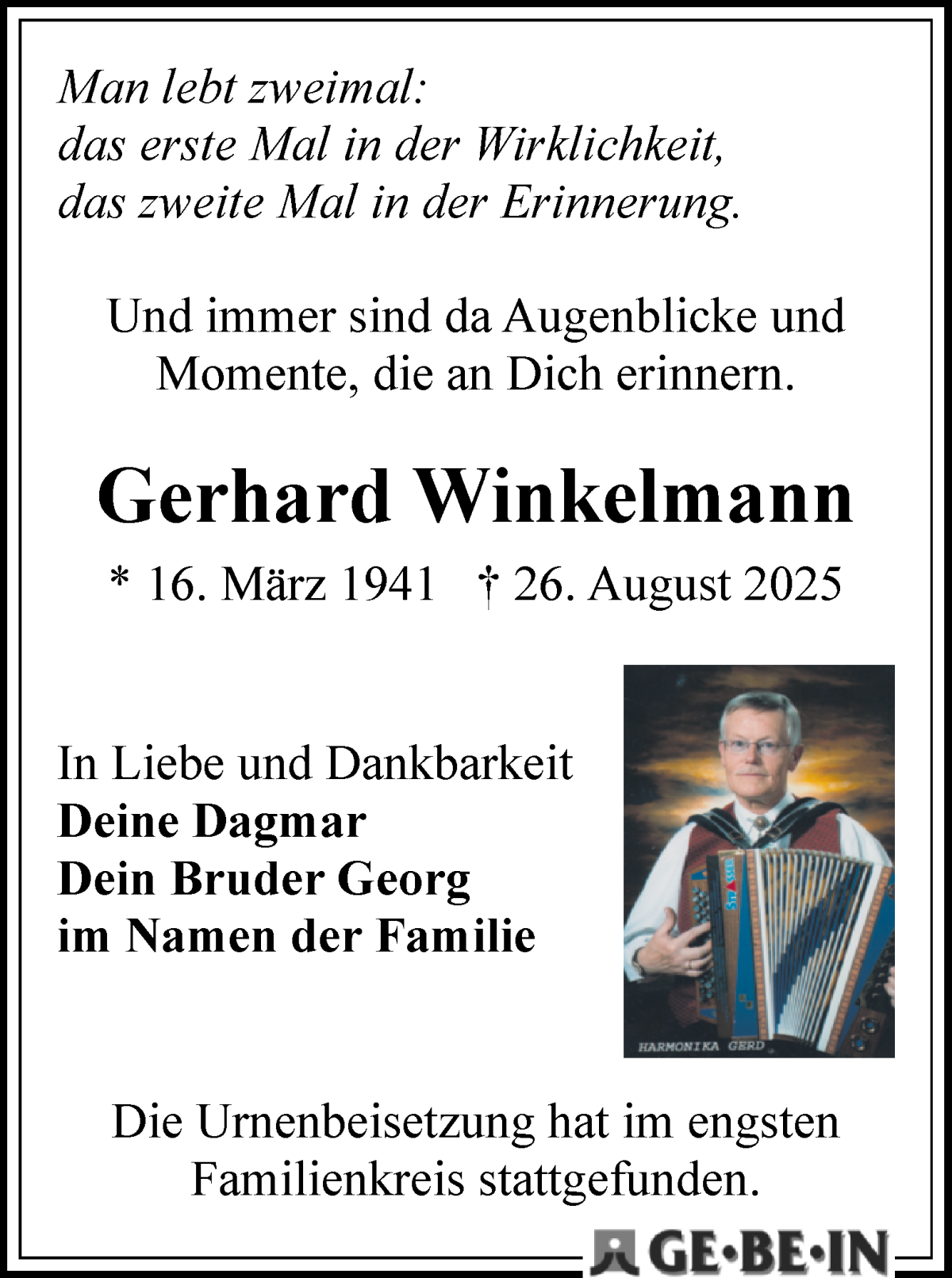 Traueranzeige von Gerhard Winkelmann von WESER-KURIER
