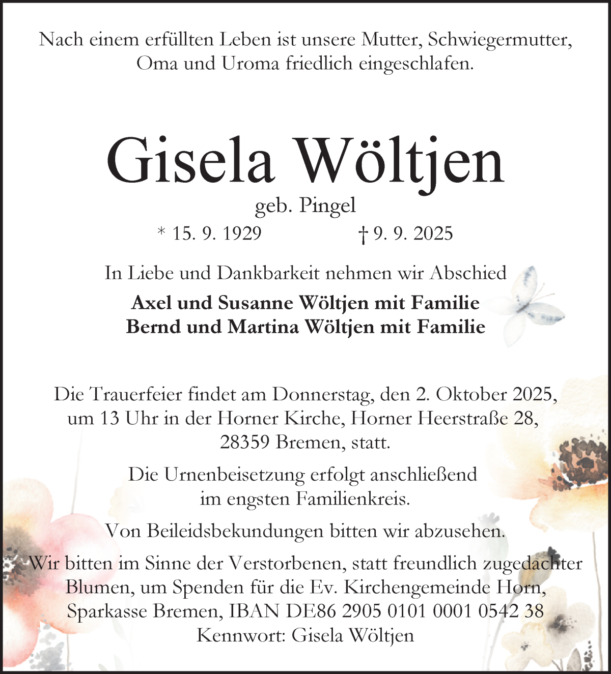 Traueranzeige von Gisela Wöltjen von WESER-KURIER