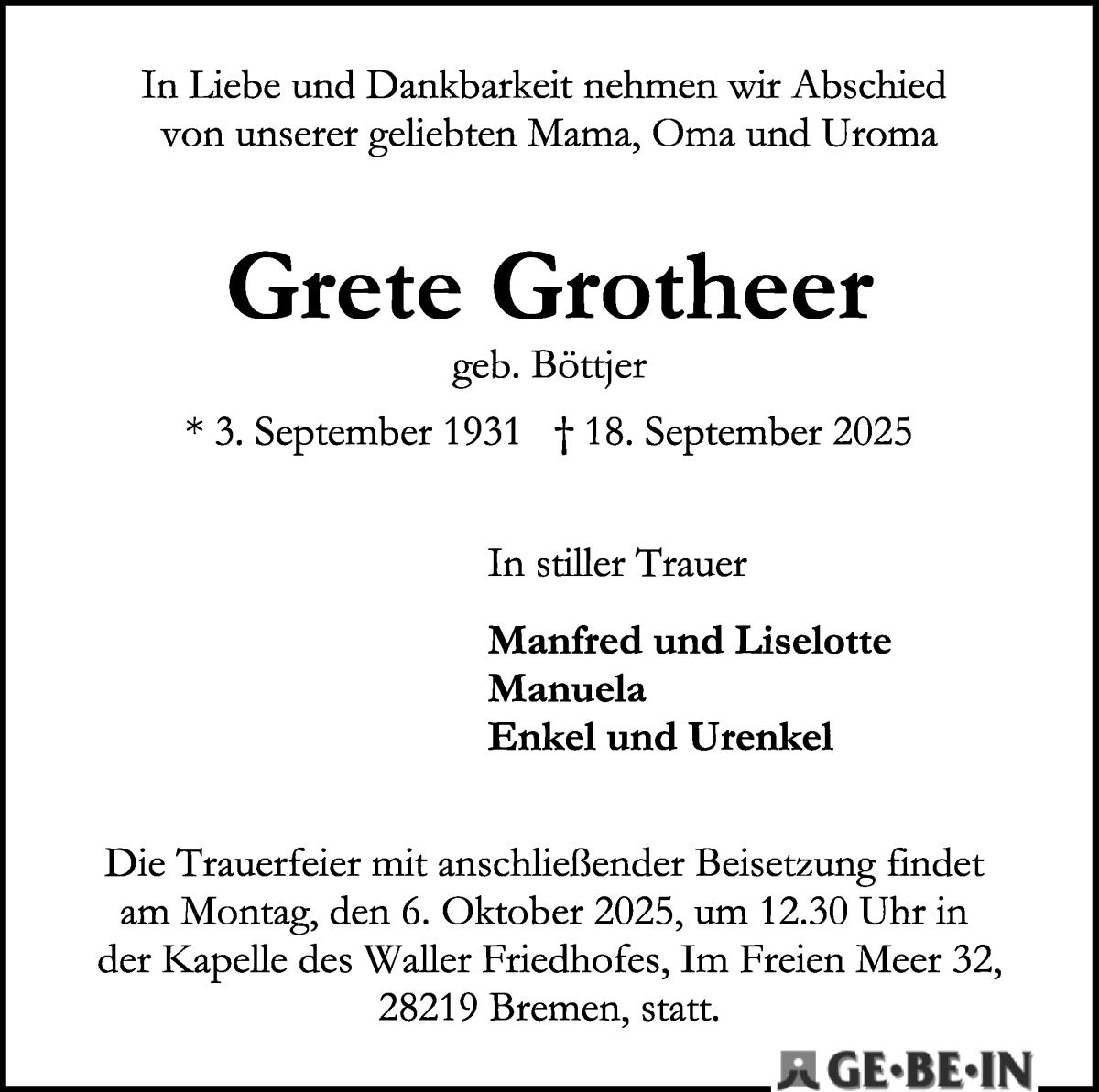 Traueranzeige von Grete Grotheer von Osterholzer Kreisblatt