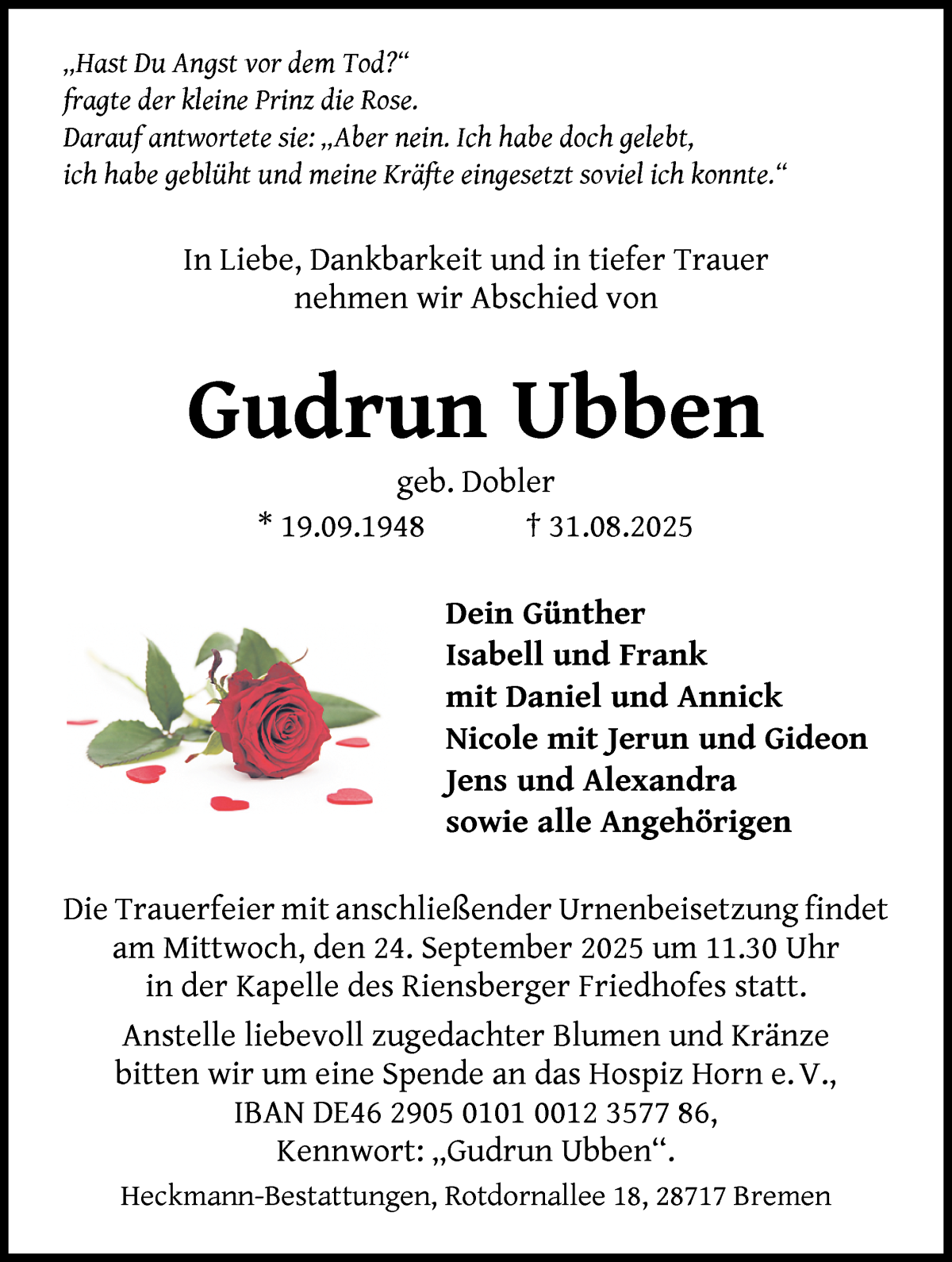  Traueranzeige für Gudrun Ubben vom 13.09.2025 aus WESER-KURIER