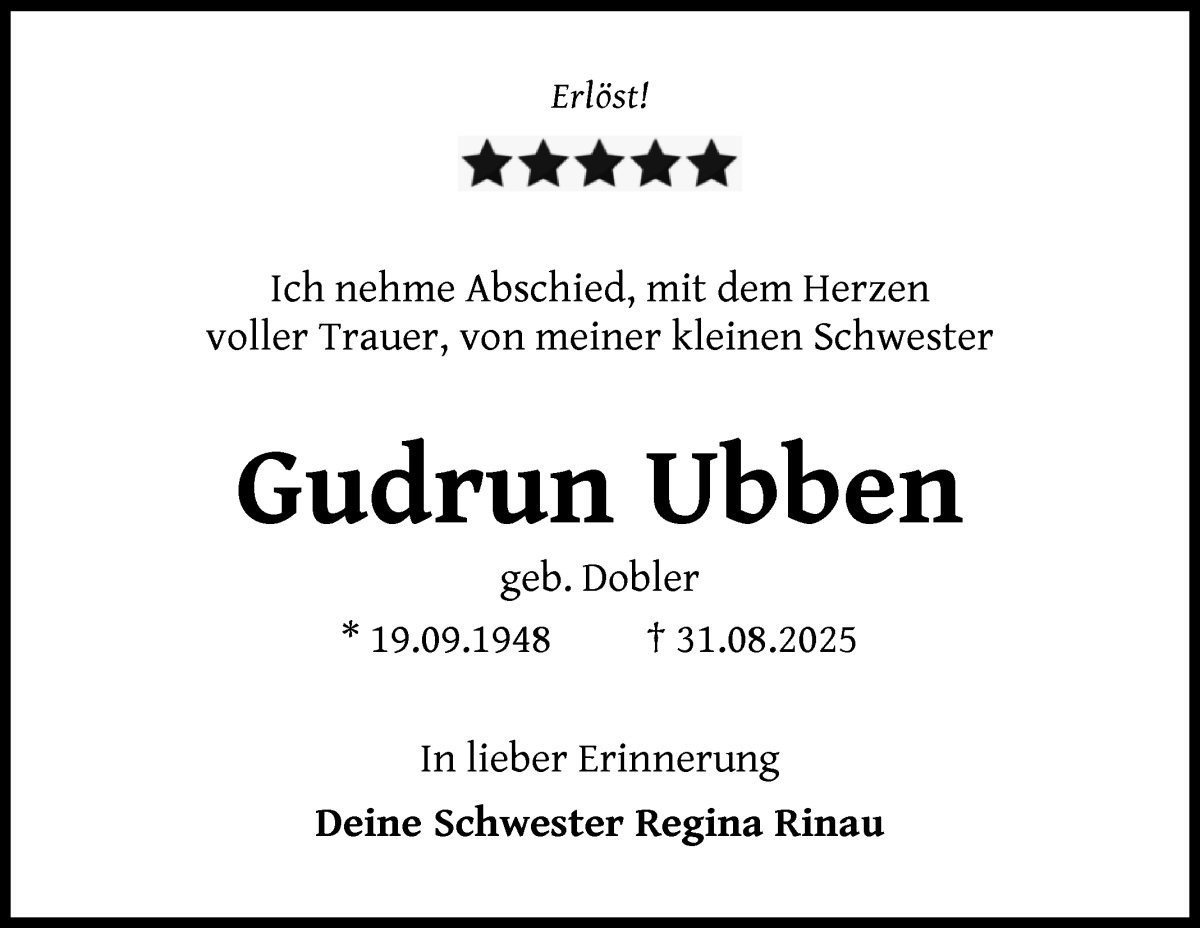  Traueranzeige für Gudrun Ubben vom 13.09.2025 aus WESER-KURIER