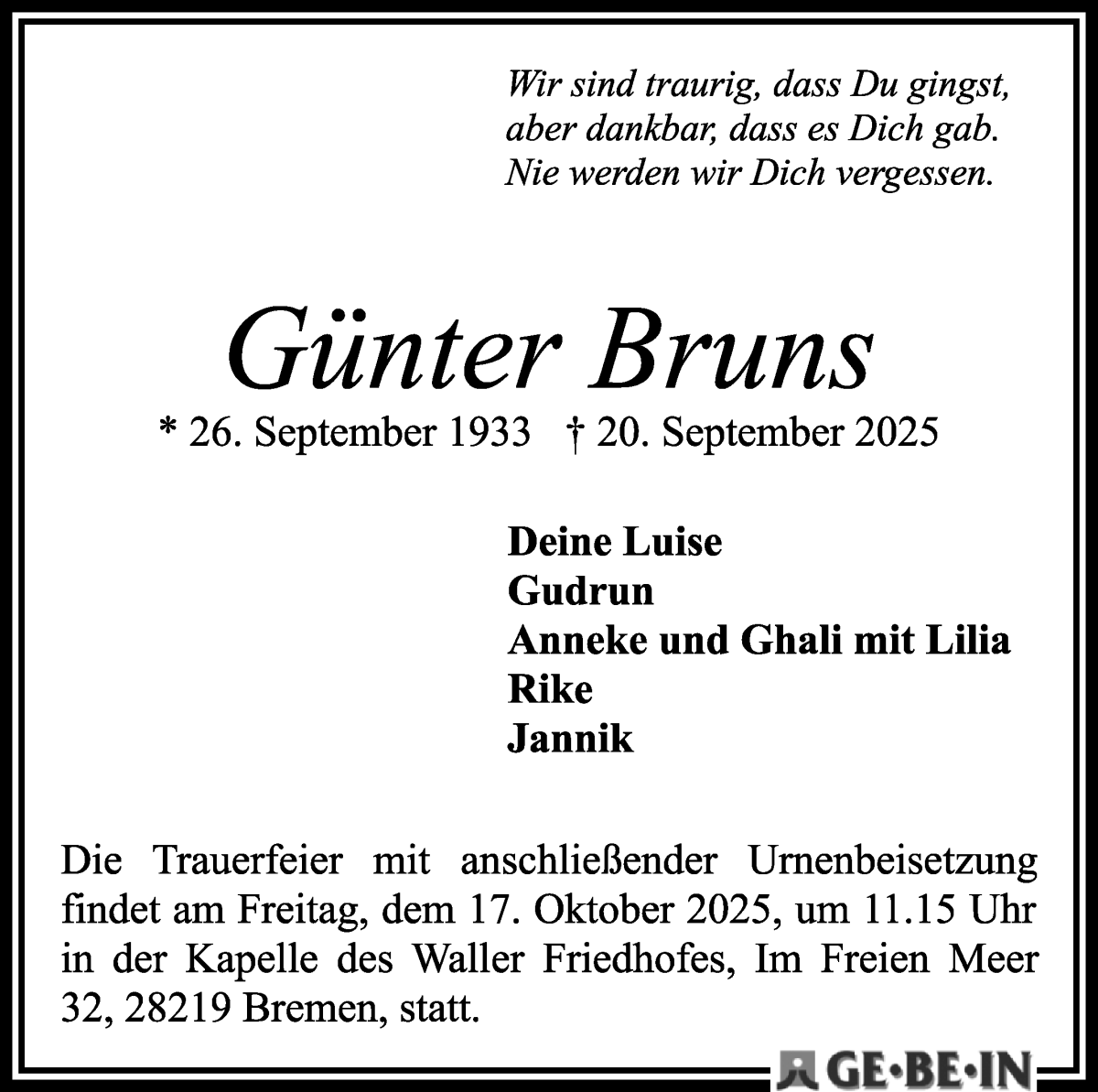 Traueranzeige von Günter Bruns von WESER-KURIER