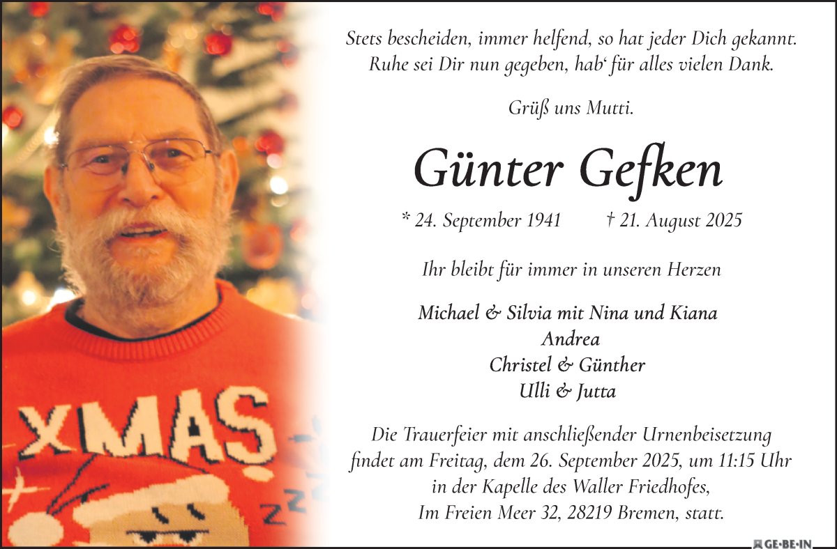 Traueranzeige von Günter Gefken von WESER-KURIER
