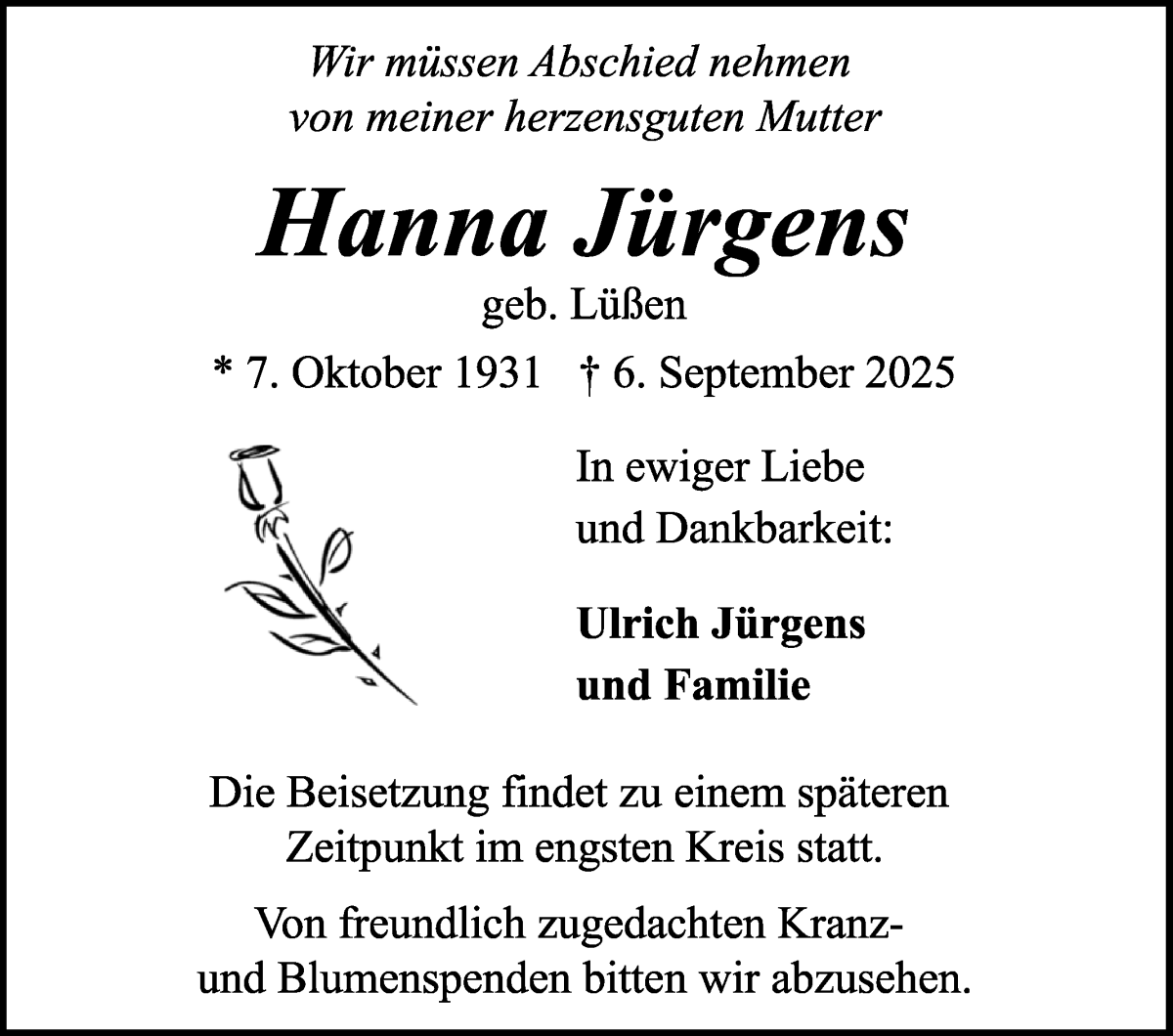 Traueranzeige von Hanna Jürgens von WESER-KURIER