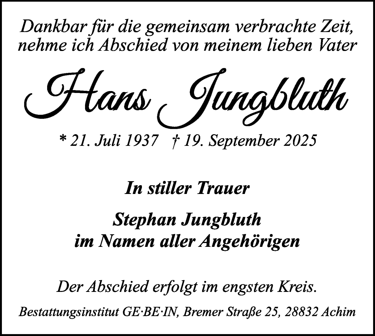  Traueranzeige für Hans Jungbluth vom 27.09.2025 aus WESER-KURIER