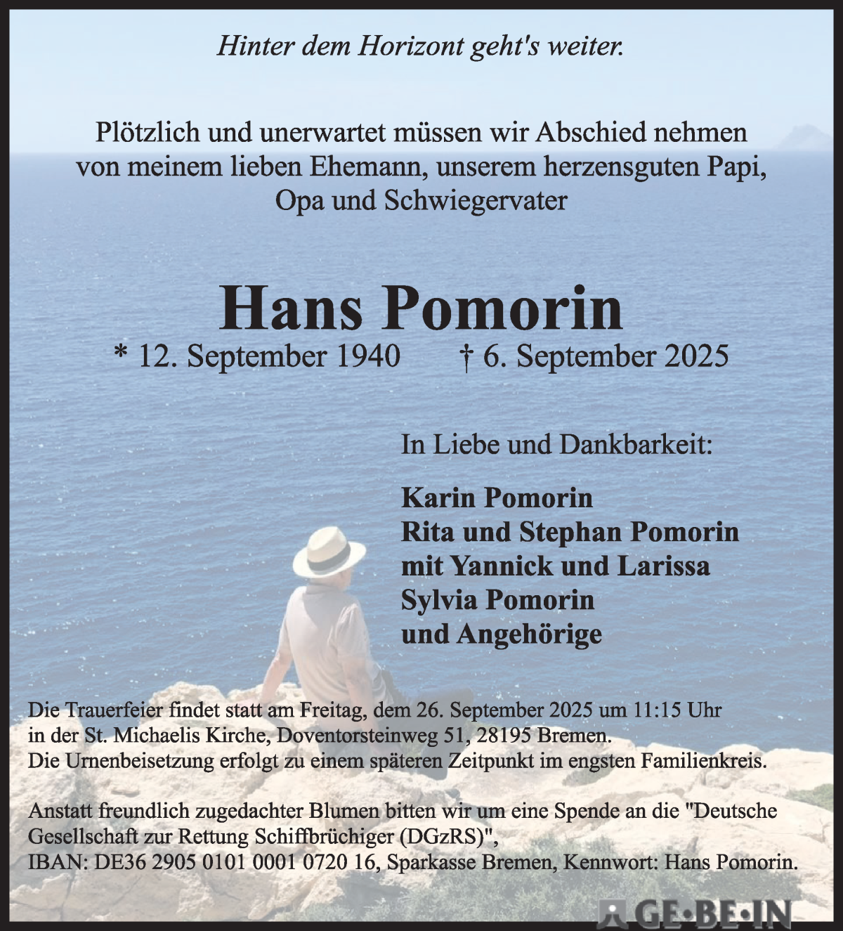 Traueranzeige von Hans Pomorin von WESER-KURIER