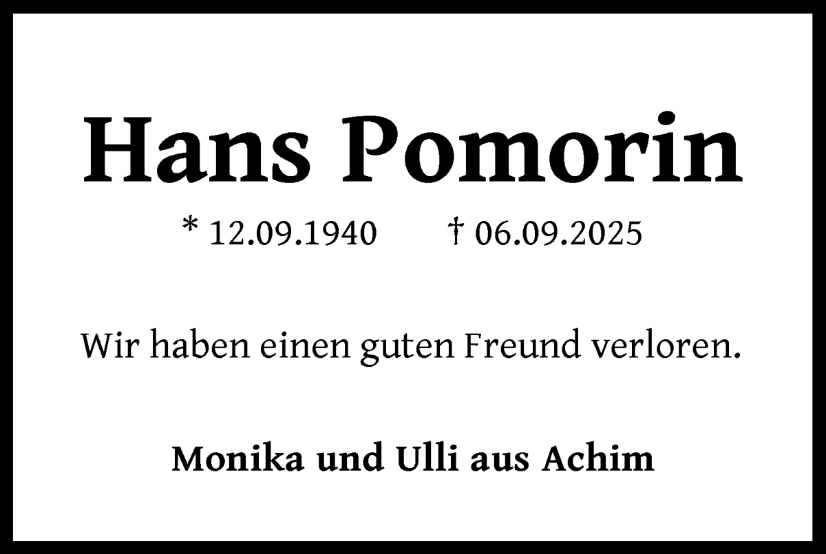 Traueranzeige von Hans Pomorin von WESER-KURIER