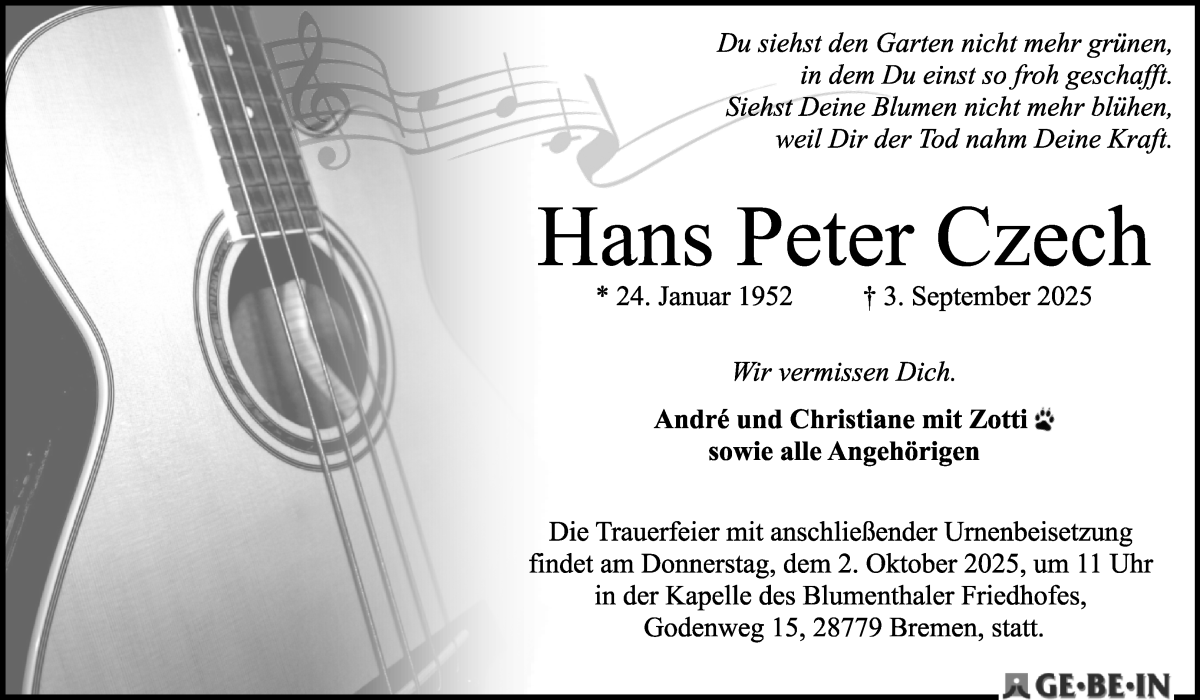 Traueranzeige von Hans Peter Czech von Die Norddeutsche