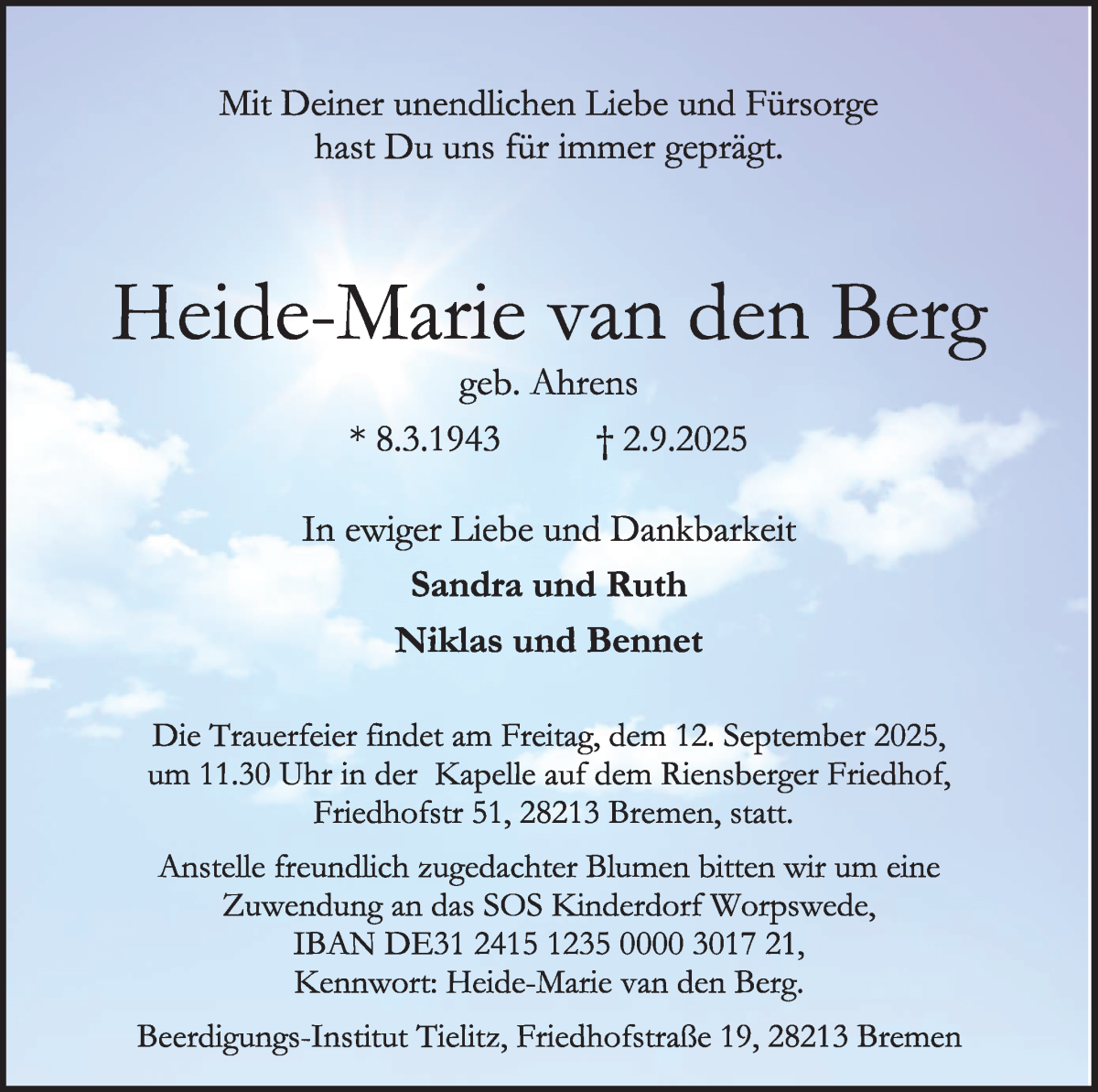 Traueranzeige von Heide-Marie van den Berg von WESER-KURIER