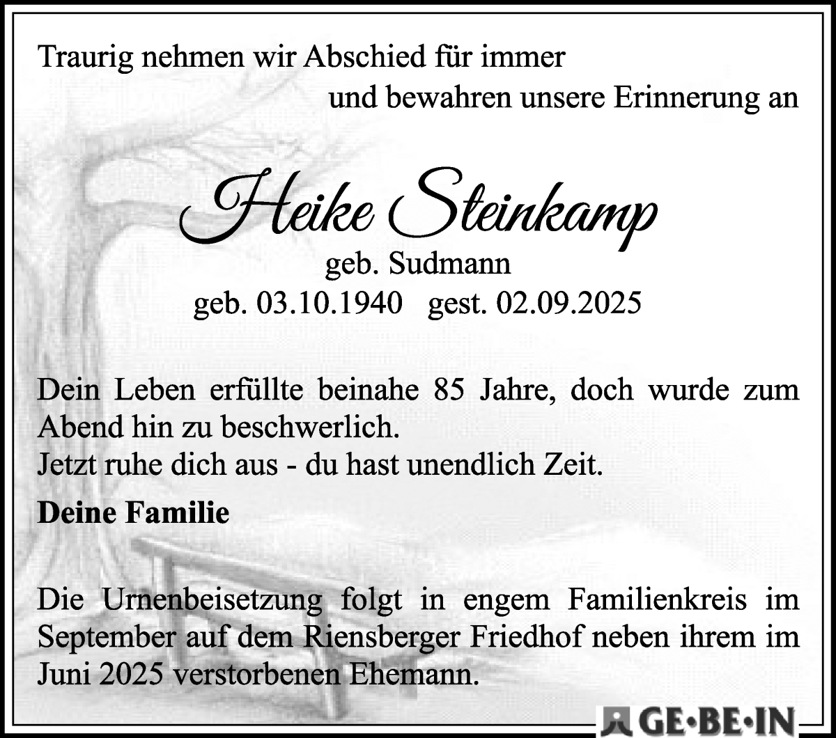Traueranzeige von Heike Steinkamp von WESER-KURIER