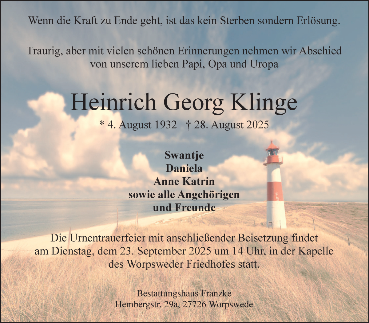 Traueranzeige von Heinrich Klinge von Wuemme Zeitung
