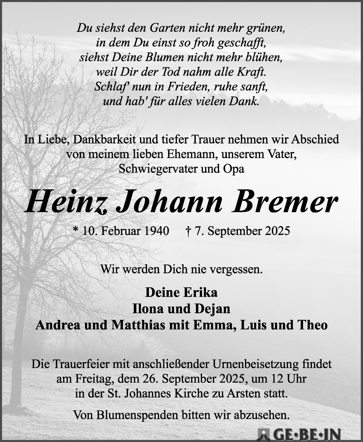 Traueranzeige von Heinz Johann Bremer von WESER-KURIER