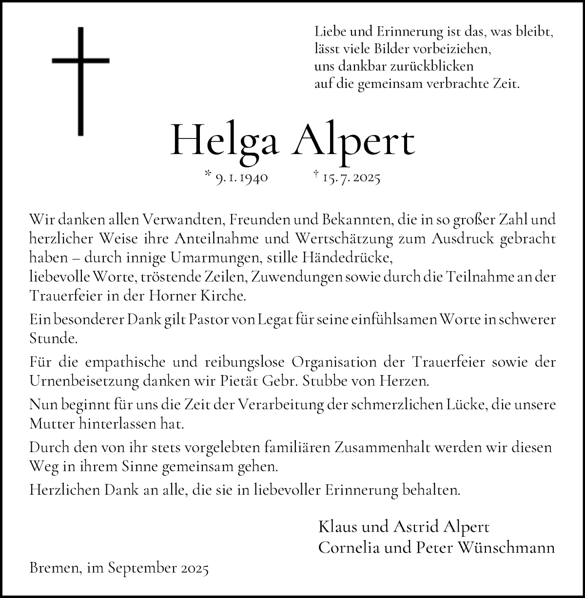 Traueranzeige von Helga Alpert von WESER-KURIER