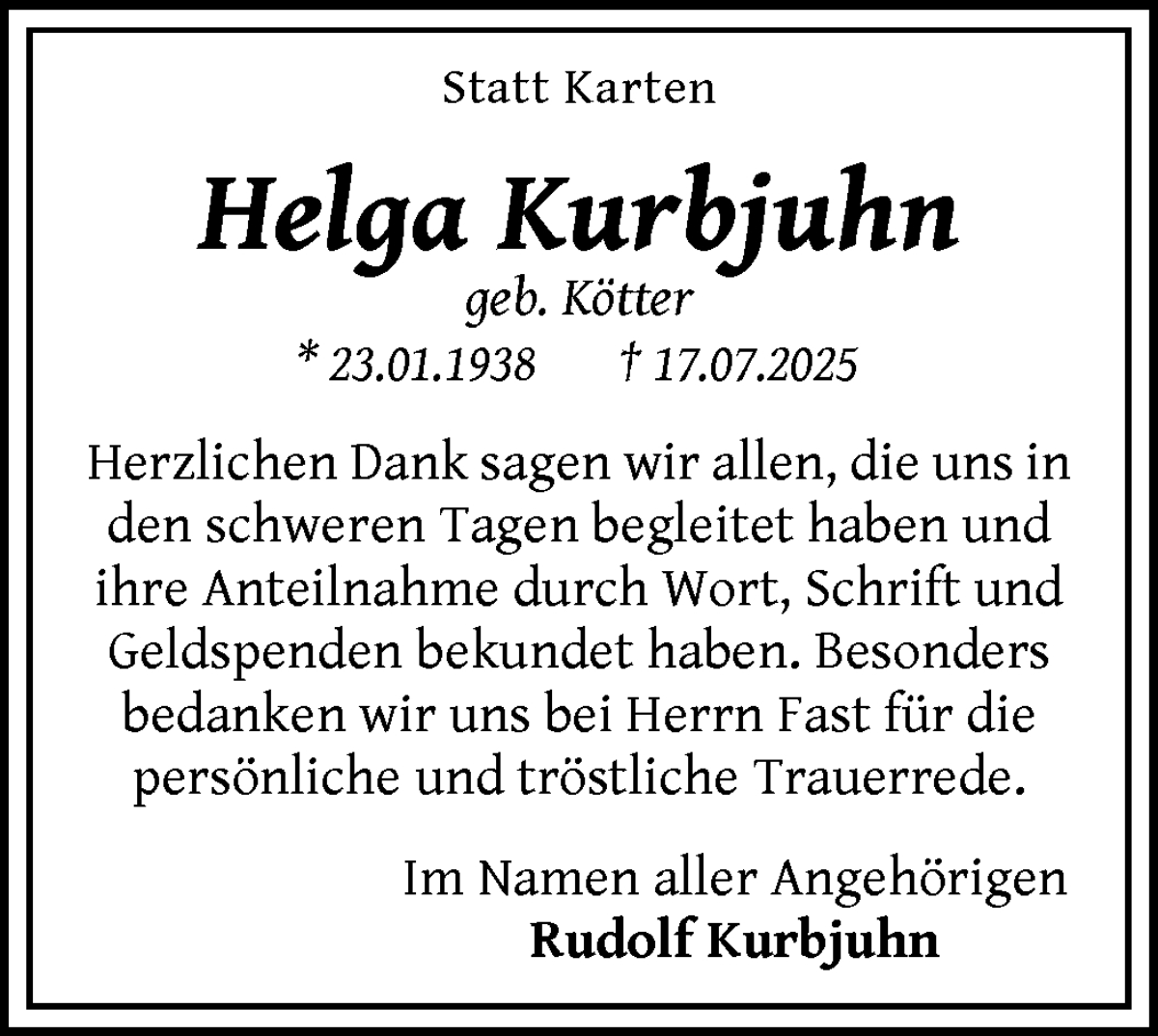 Traueranzeige von Helga Kurbjuhn von WESER-KURIER