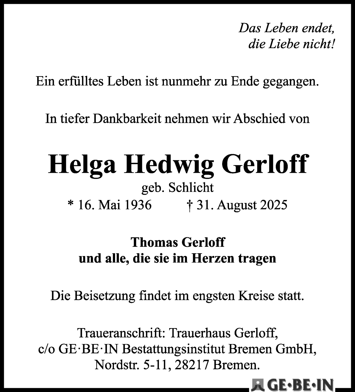 Traueranzeige von Helga Hedwig Gerloff von WESER-KURIER