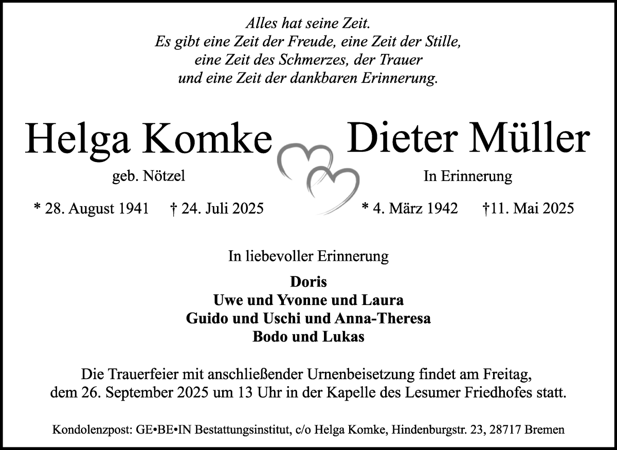 Traueranzeige von Helga und Dieter  von Die Norddeutsche