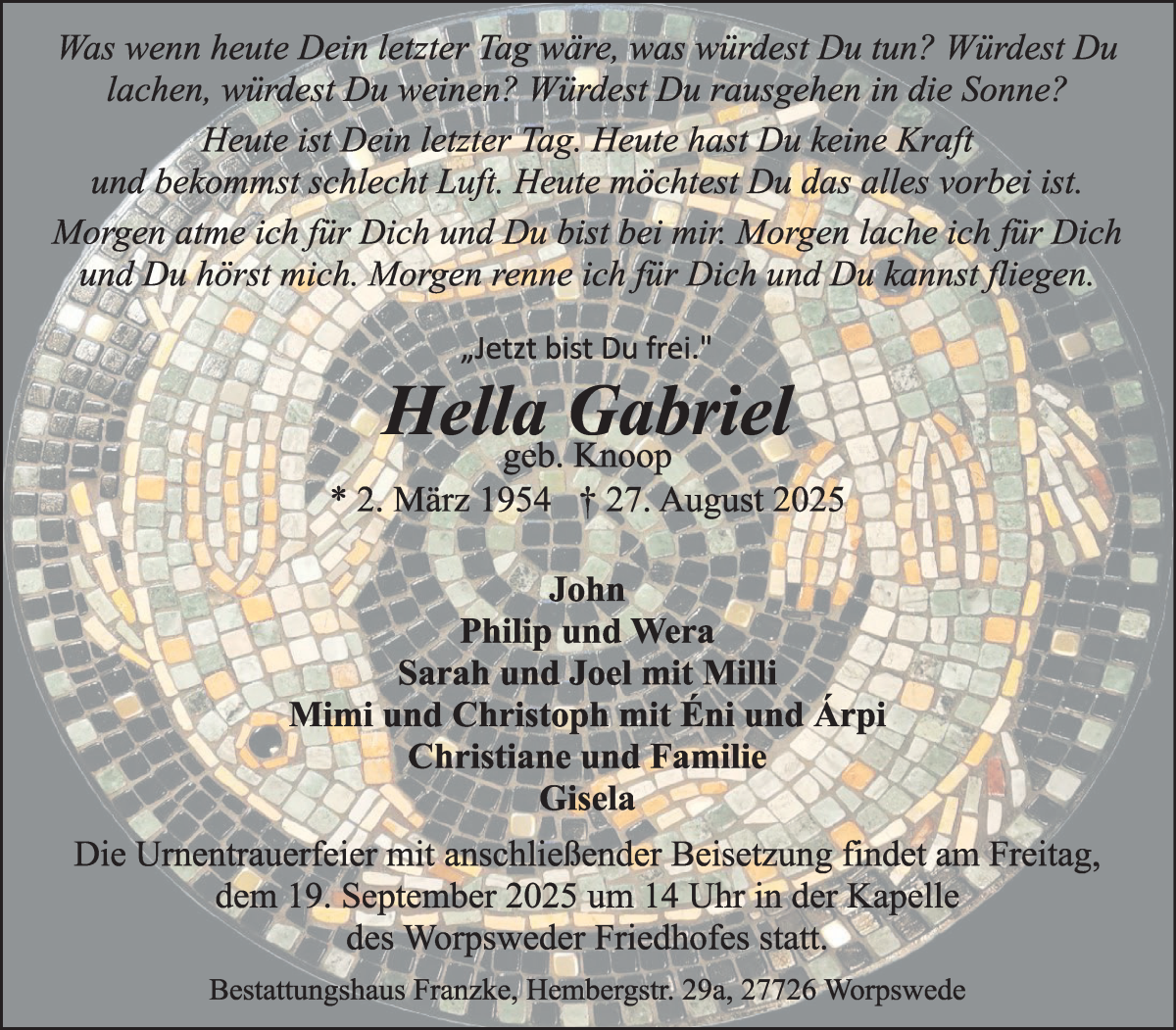 Traueranzeige von Hella Gabriel von Wuemme Zeitung