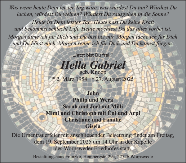 Traueranzeige von Hella Gabriel von Wuemme Zeitung