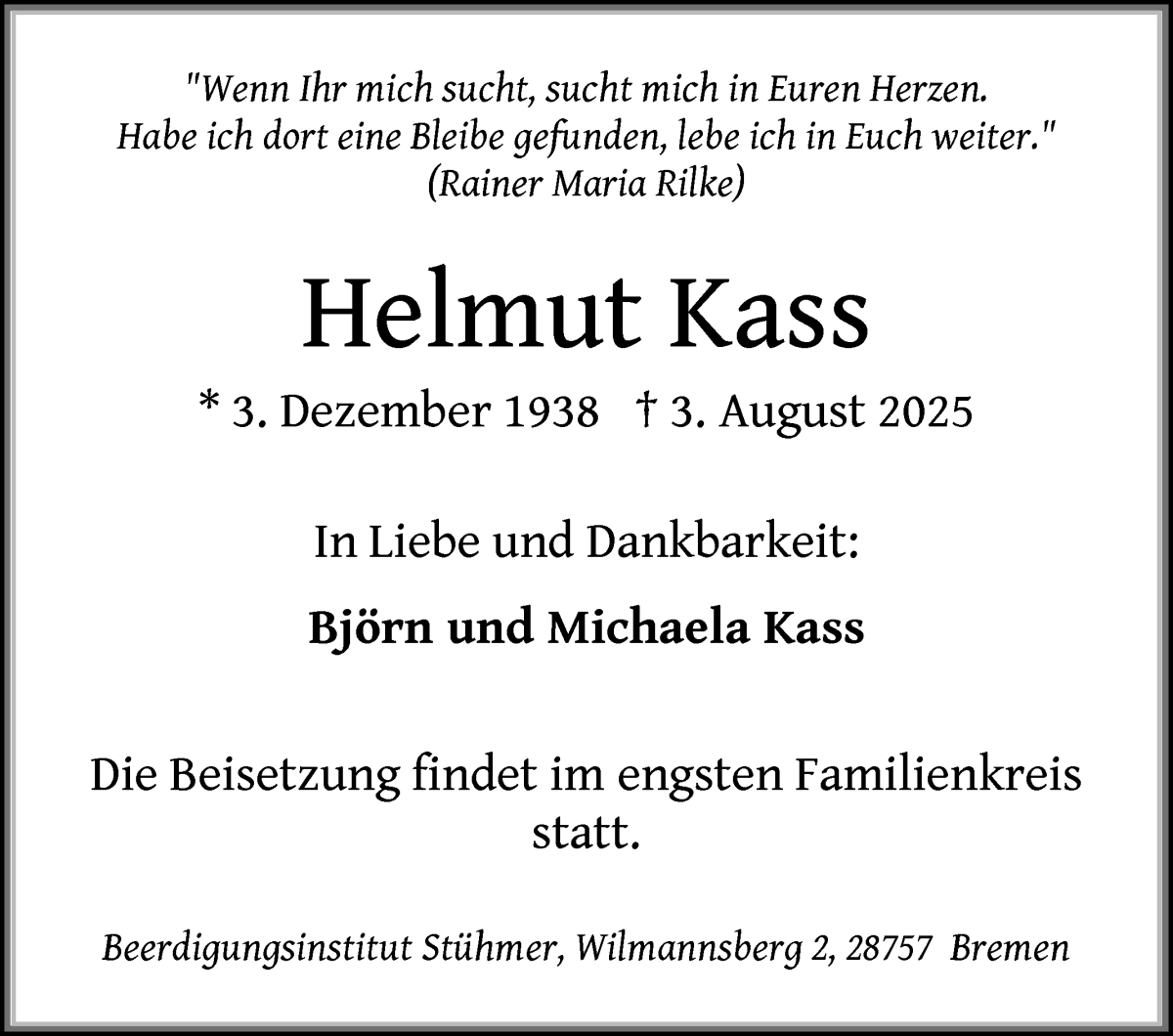 Traueranzeige von Helmut Kass von Osterholzer Kreisblatt