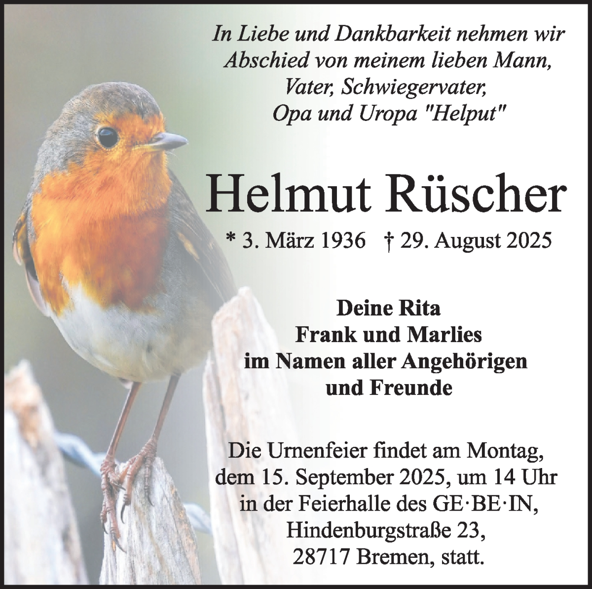 Traueranzeige von Helmut Rüscher von Die Norddeutsche