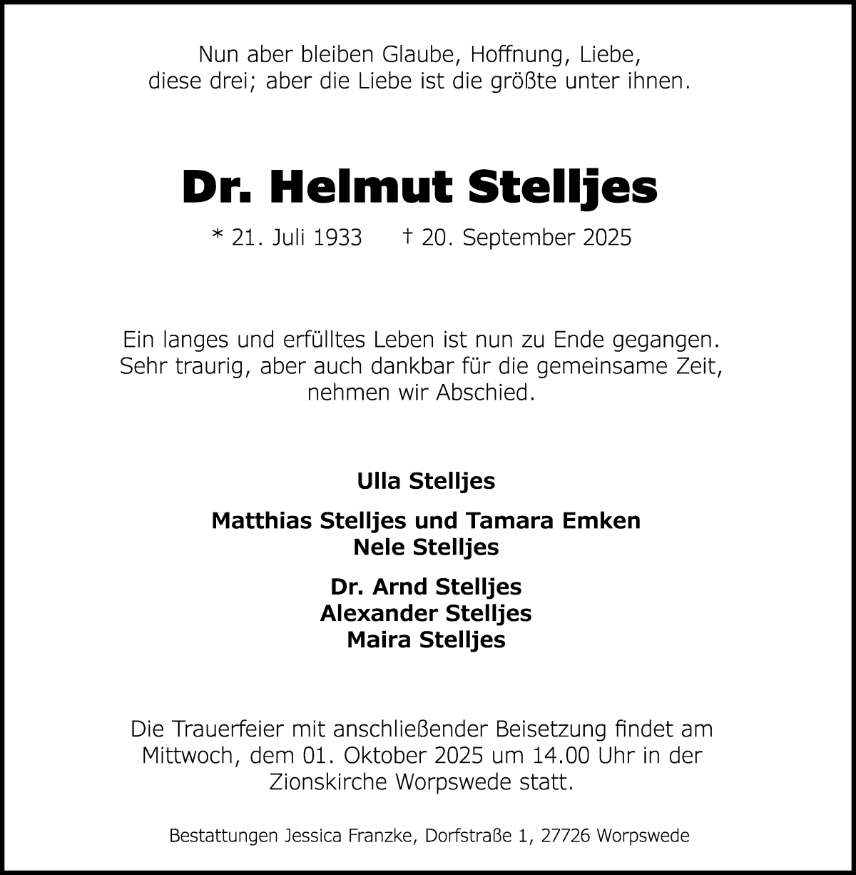 Traueranzeige von Helmut Stelljes von Wuemme Zeitung