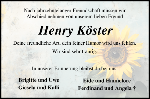 Traueranzeige von Henry Köster von Wuemme Zeitung