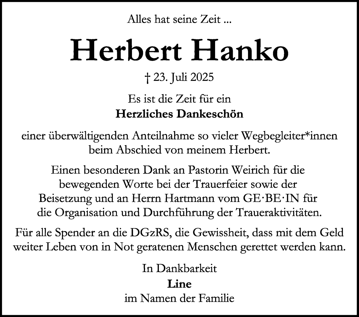 Traueranzeige von Herbert Hanko von WESER-KURIER