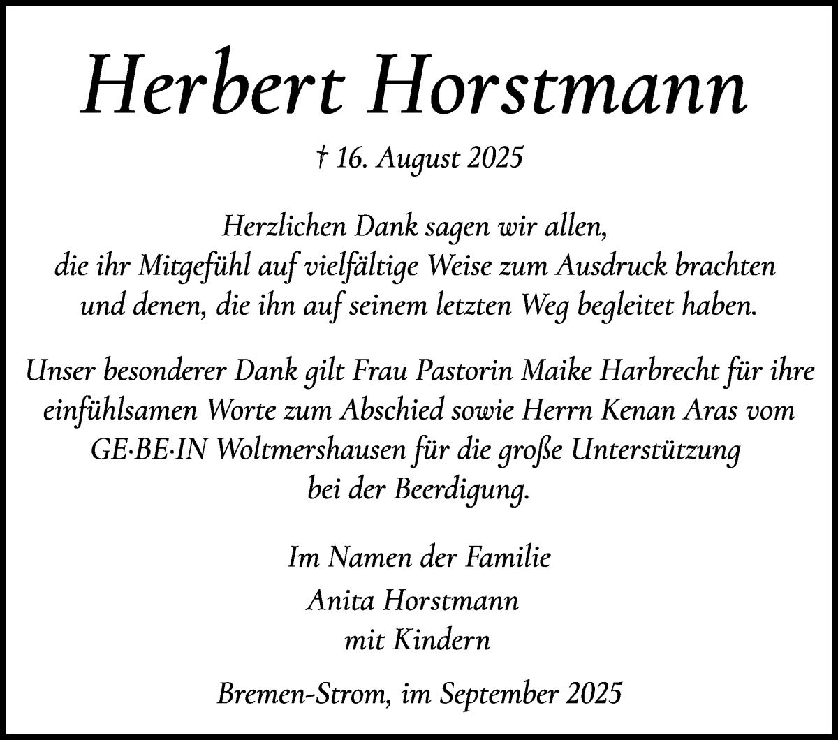 Traueranzeige von Herbert Horstmann von WESER-KURIER